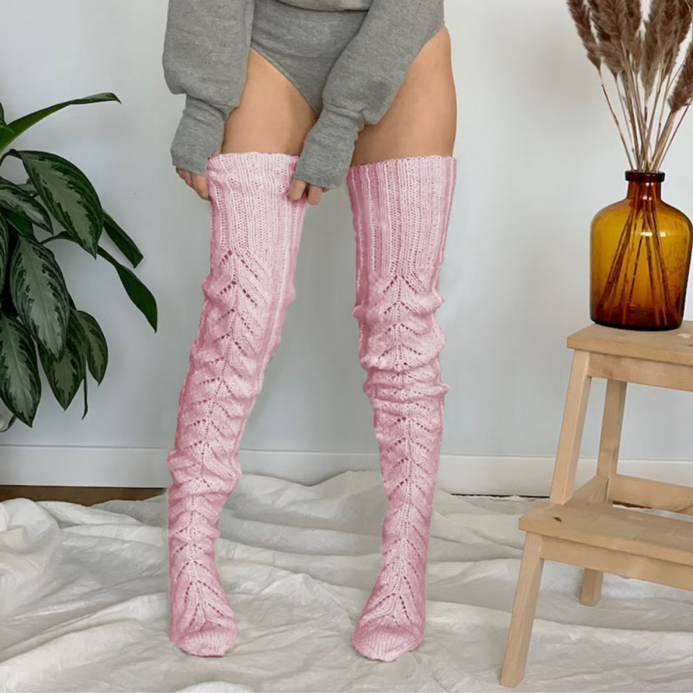 Winter Solid Color Hollow Mesh Long Tube Over The Knee Pile Socks Womens Knitted Socks - FaceBoxerUK
