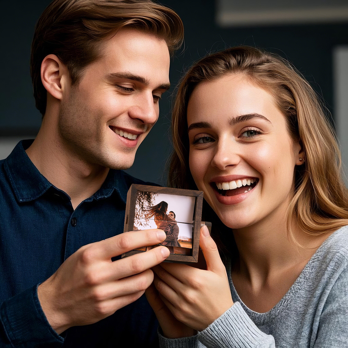Custom Artisanal Flipbook Photo Display Personalized Walnut Hand-Cranked Cube with Light Perfect Gift - FaceBoxerUK
