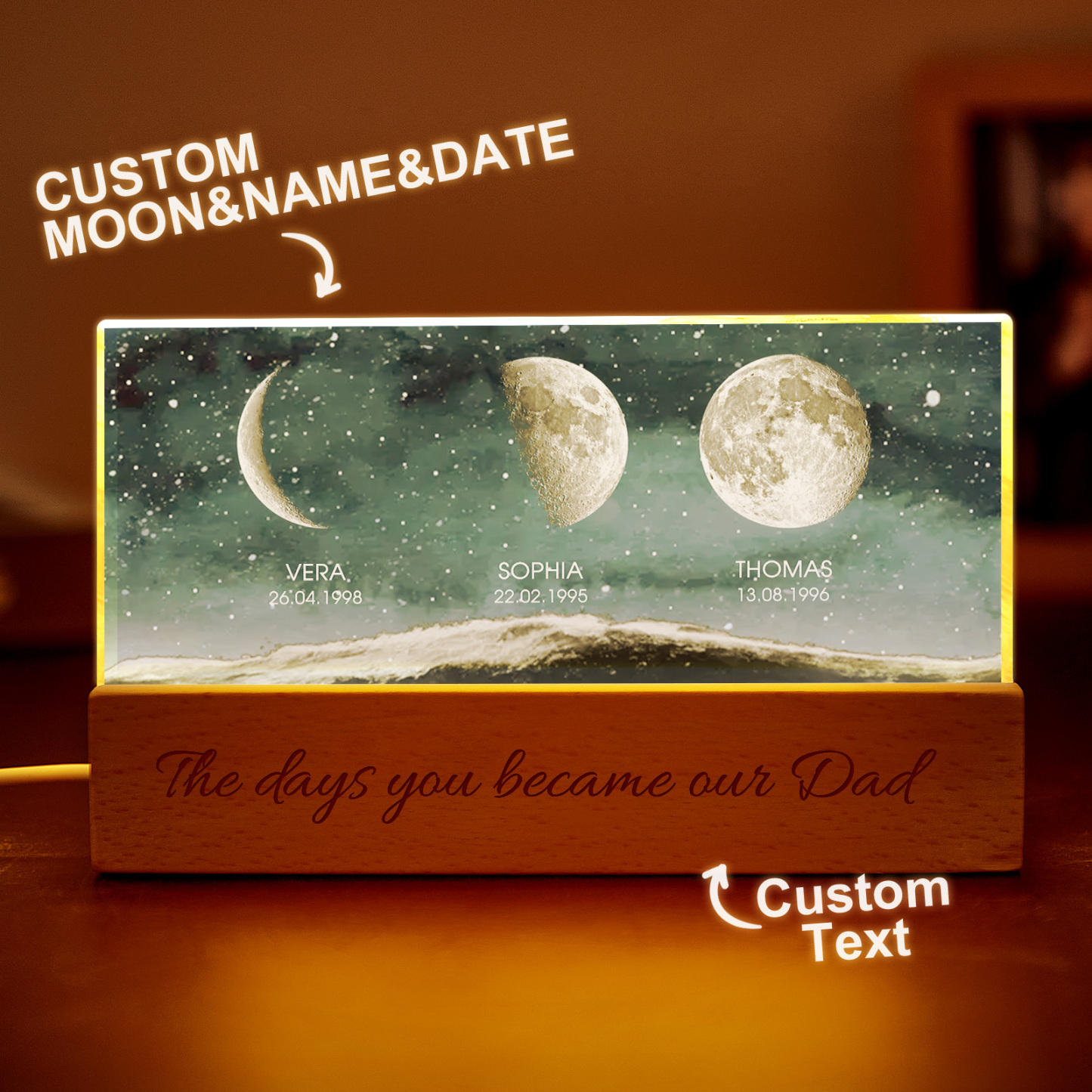 The Day You Became Dad Birth Moon Phase Personalized Acrylic Block Night Light, Father's Day Gift For Dad, Gift For Husband, Gift For Grandpa - FaceBoxerUK