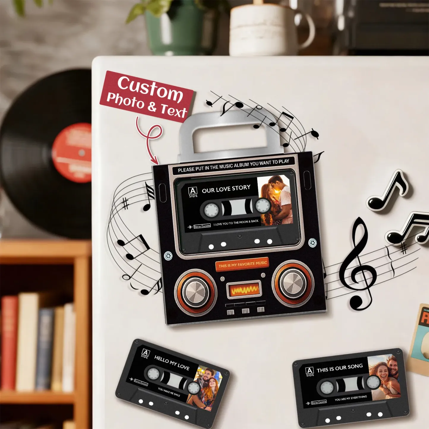 Custom Music Mixtape Fridge Magnet with Preview | Auto-Play 1/3/6/9 Songs Cassette Style Photo Magnet with Changeable Tape & Song | No App Needed Romantic Gift for Couples & Anniversary - FaceBoxerUK