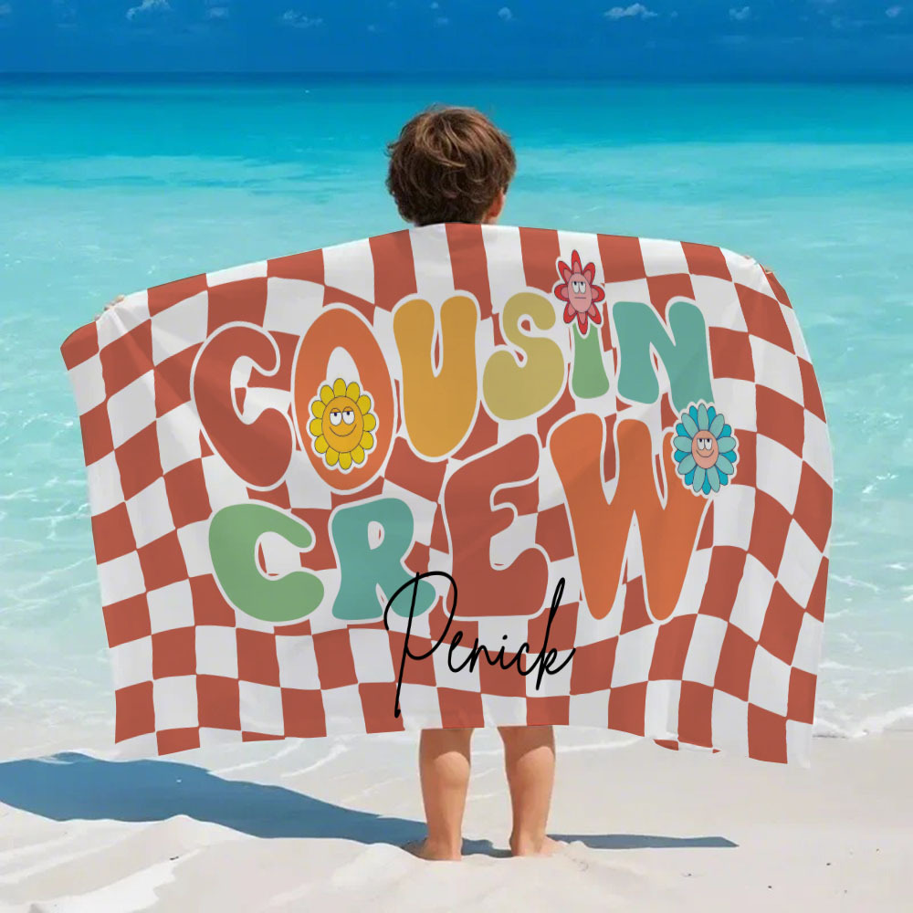 Personalised Cousin Crew Plaid Design Oversized Quick Dry Beach Towel with Name Birthday Summer Vacation Accessory Gift for Kids - FaceBoxerUK