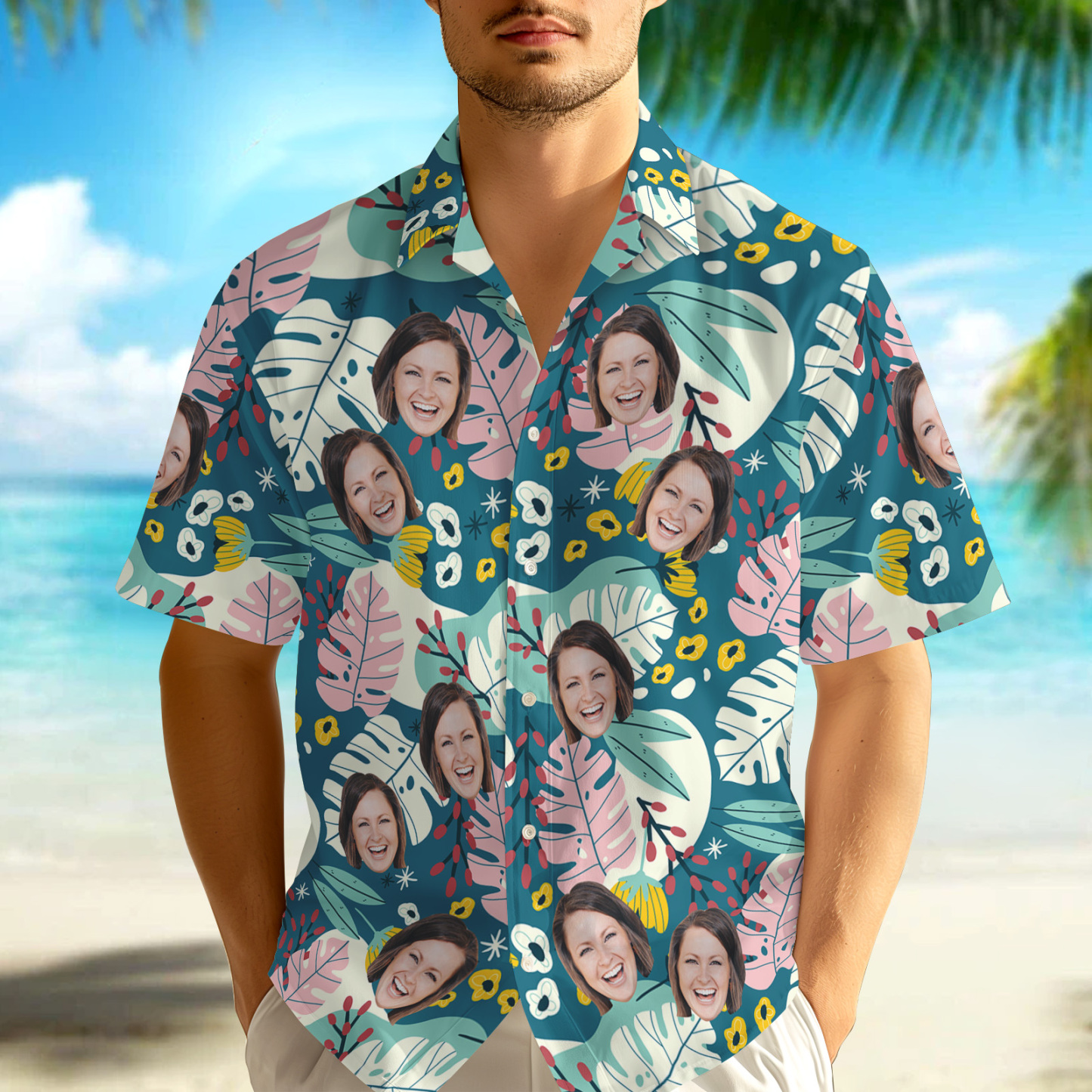 Custom Face Pink Flower Hawaiian Shirt Personalised Pink Flamingo Pattern Hawaiian Shirt Gift For Him - FaceBoxerUK