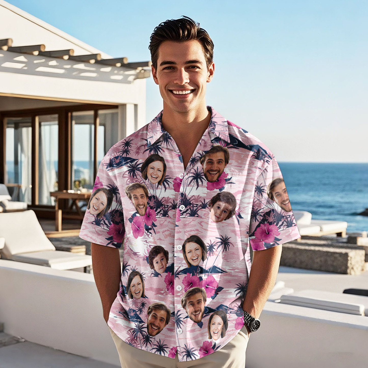 Custom Face Pink Flower Hawaiian Shirt Personalised Pink Flamingo Pattern Hawaiian Shirt Gift For Him - FaceBoxerUK