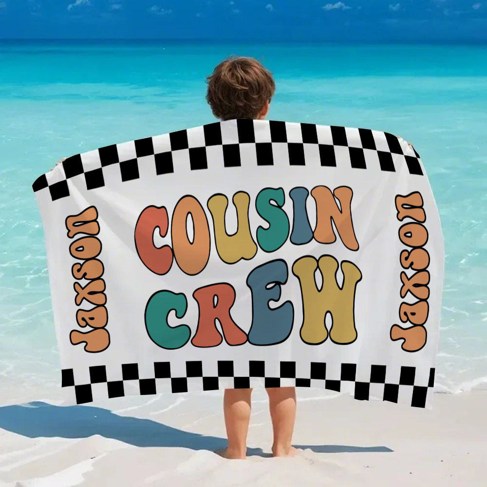 Personalized Cousin Crew Beach Towel, Custom Name Pool Bath Towel, Cousin Family Reunion Gift, Retro Checkered Beach Towel, Cousin Crew Beach Towel - FaceBoxerUK