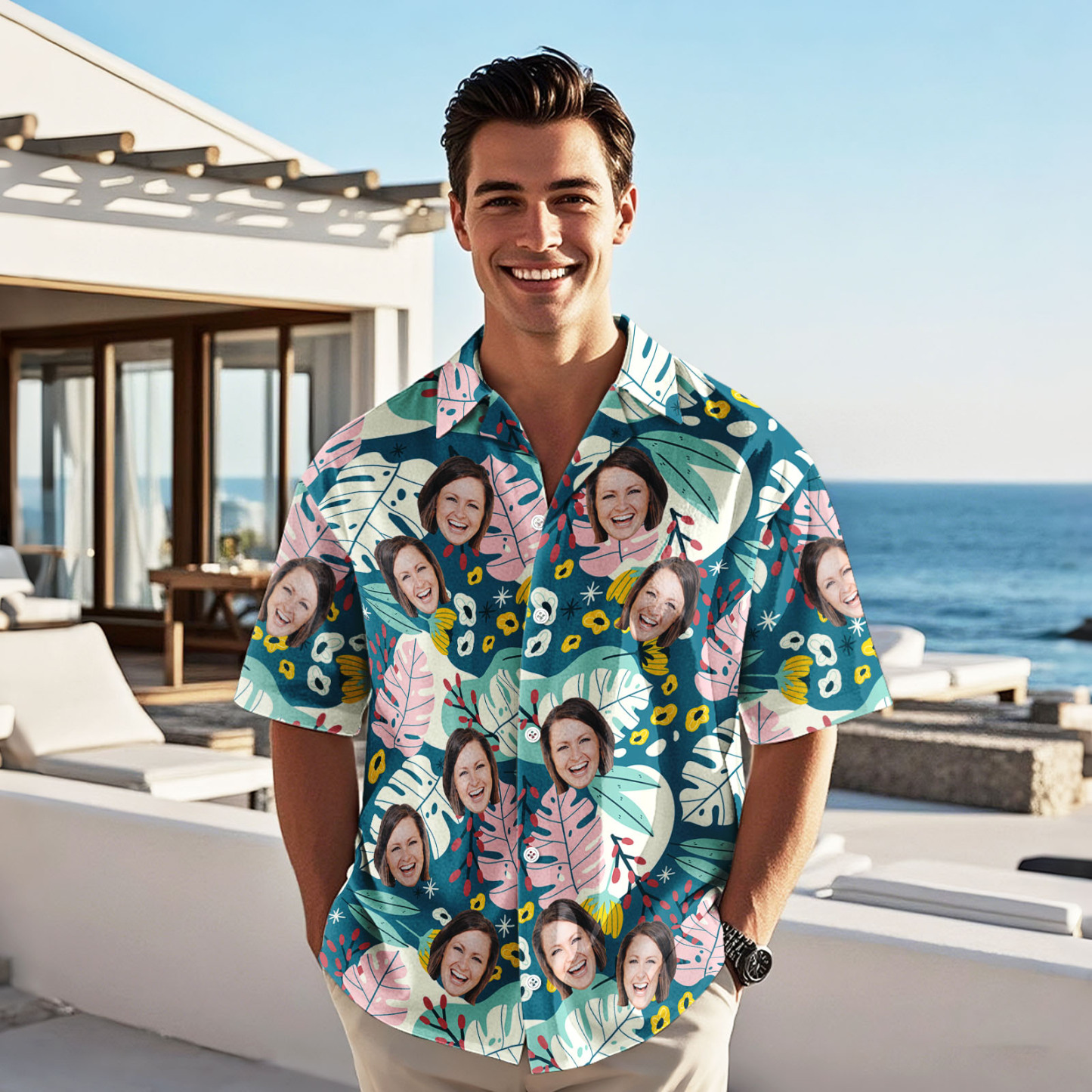 Custom Face Pink Flower Hawaiian Shirt Personalised Pink Flamingo Pattern Hawaiian Shirt Gift For Him - FaceBoxerUK