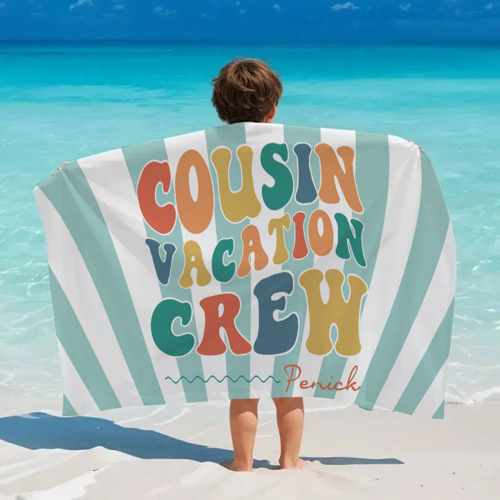Personalized Cousin Beach Towel, Kids Custom Name Pool Towel, Cousin Vacation Crew Gift, Cousin Family Reunion Gift - FaceBoxerUK