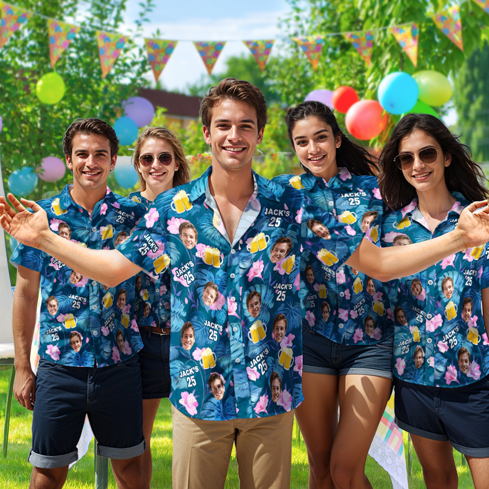 Custom Photo Birthday Shirt Personalized Tropical Plants & Beer Hawaiian Shirts With Age & Name Gift For Birthday - FaceBoxerUK