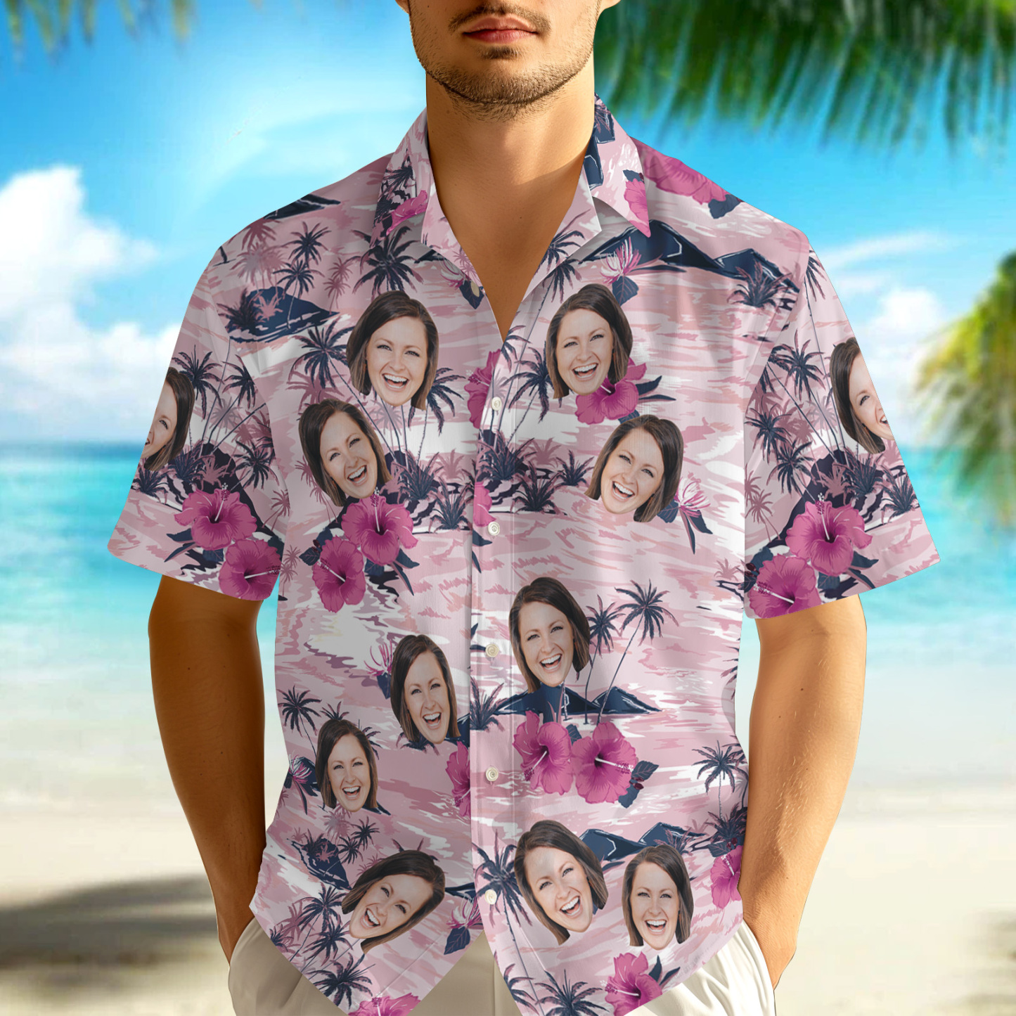Custom Face Pink Flower Hawaiian Shirt Personalised Pink Flamingo Pattern Hawaiian Shirt Gift For Him - FaceBoxerUK