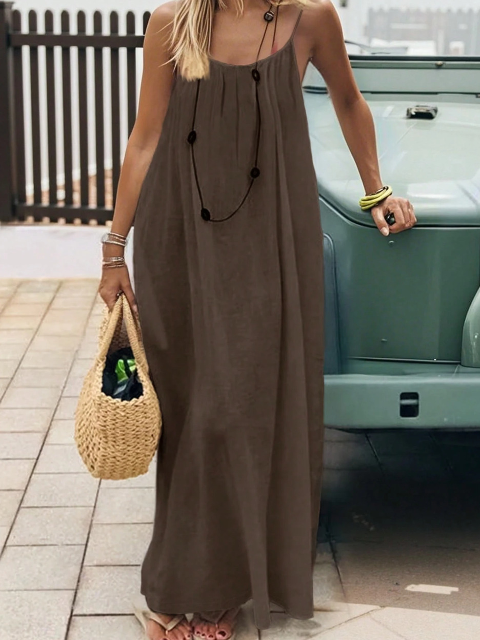 Women's Solid Color Open Back Tie Loose Casual Maxi Slip Dress Backless Cami Dresses for Women