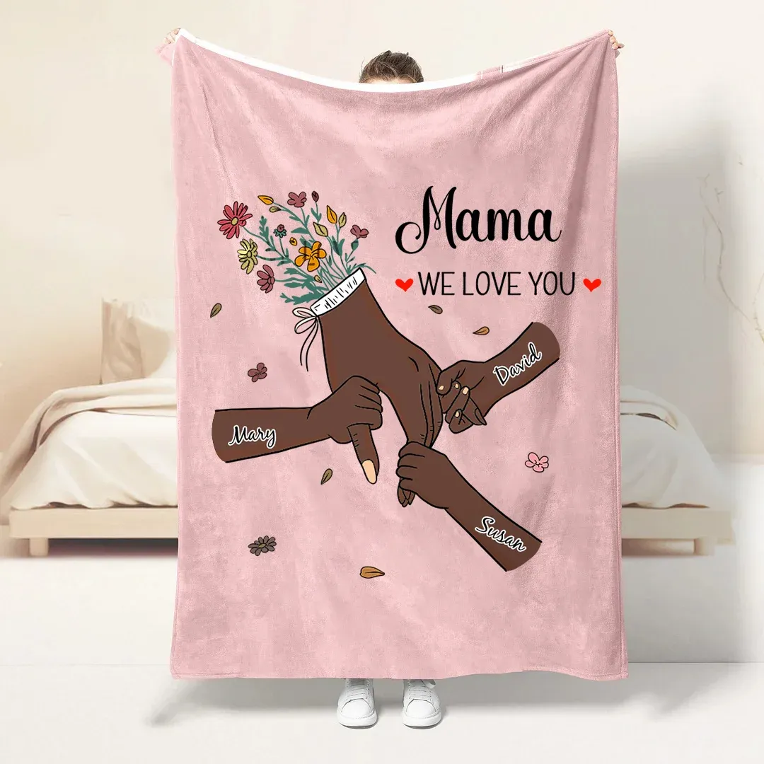 Custom Hand in Hand - MOM, We Love You Flannel & Sherpa Blanket – A Perfect Heartwarming Gift for Mom