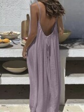 Women's Solid Color Open Back Tie Loose Casual Maxi Slip Dress Backless Cami Dresses for Women