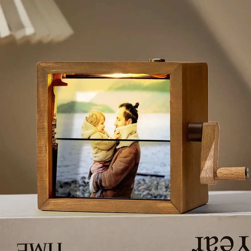 Custom Artisanal Flipbook Photo Display Personalized Walnut Hand-Cranked Cube with Light Perfect Gift - FaceBoxerUK