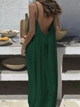 Women's Solid Color Open Back Tie Loose Casual Maxi Slip Dress Backless Cami Dresses for Women