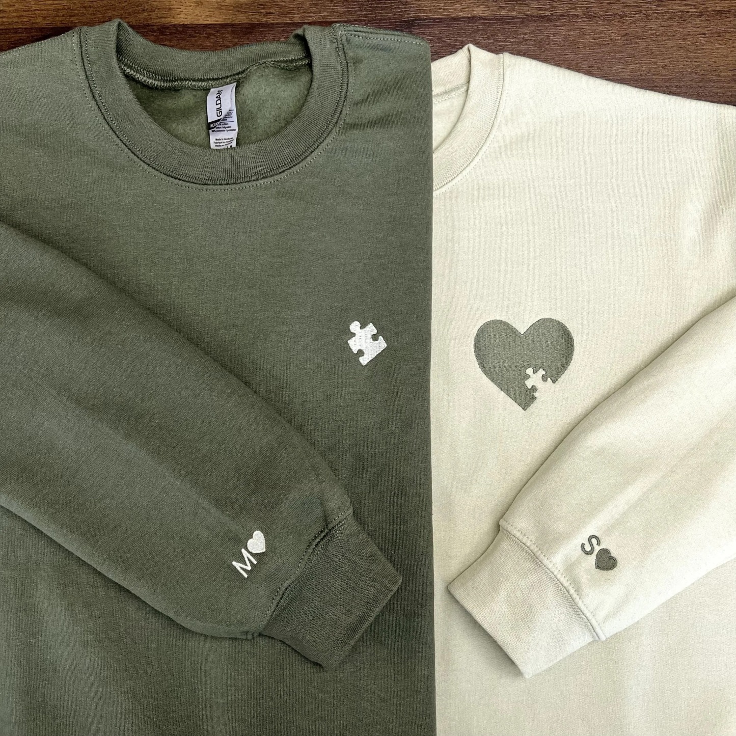 Custom Embroidered Heart and Puzzle Piece Sweatshirt, Initial With Heart On Sleeve, Anniversary Gift, Couple Hoodie, Valentines Day Gift - FaceBoxerUK