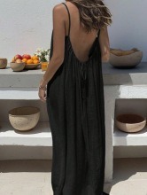 Women's Solid Color Open Back Tie Loose Casual Maxi Slip Dress Backless Cami Dresses for Women