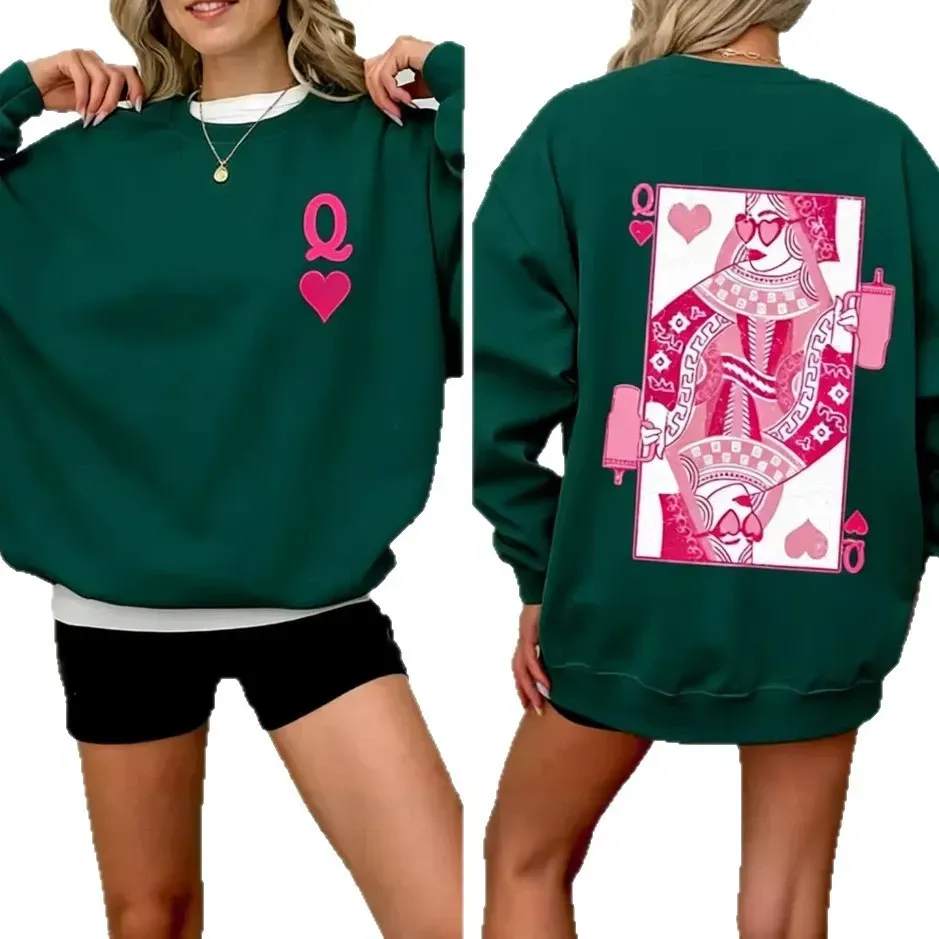 Queen of Hearts Valentine's Day Sweatshirt Crew Neck Sweatshirt Women's Casual Long Sleeve - FaceBoxerUK