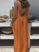 Women's Solid Color Open Back Tie Loose Casual Maxi Slip Dress Backless Cami Dresses for Women