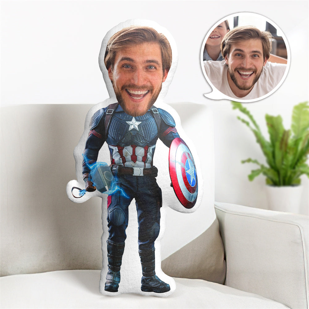 Custom Face Pillow Superhero Doll Personalized Captain America with Thor's Hammer MiniMe Pillow Gifts for Him