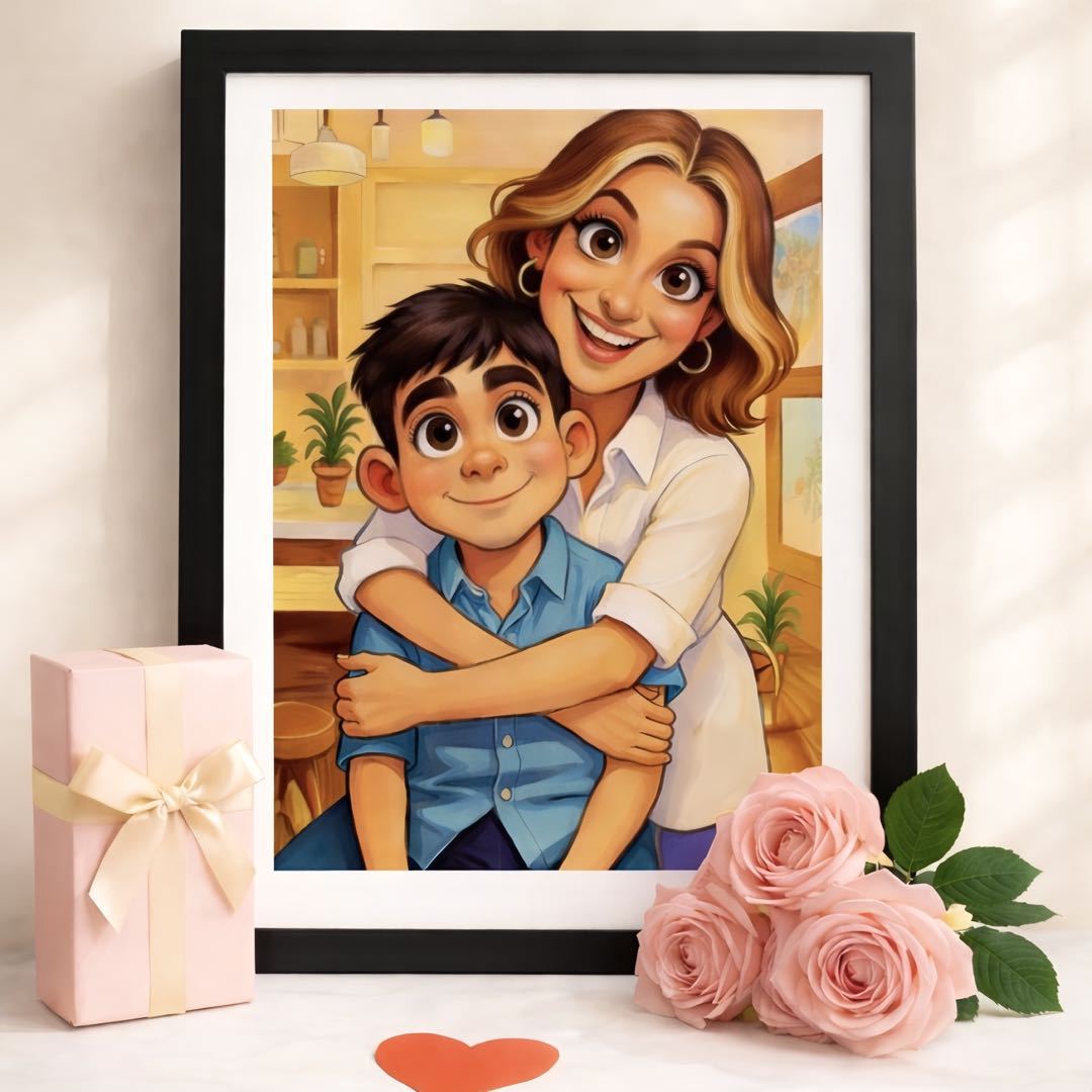 Happy Mother's Day | Personalized Cartoon Portrait Frame | Custom Funny Caricature Gift for Family