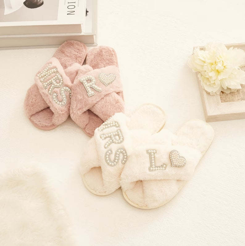 Custom Plush Slippers Personalized Bridal Fluffy Cross Pearls Slippers Wedding Gift for Bride - MyPhotoBoxerUk