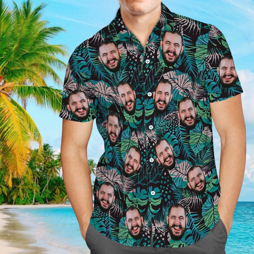 Custom Face Hawaiian Shirt Large Leaves Short Sleeve Shirt Personalised Summer Gift