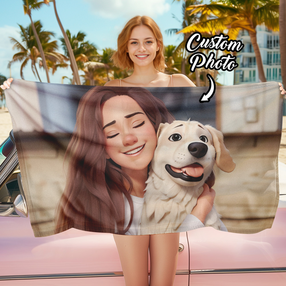 Custom Couple Photo 3D Cartoon Portrait Gift Photo Beach Towel - MyPhotoBoxerUk