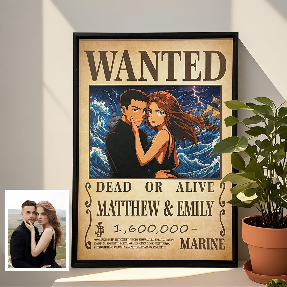 Custom Anime Bounty Couple Portrait Personalized Anime Style Wanted Poster Portrait Unique Captains' Couple Portrait - MyPhotoBoxerUk