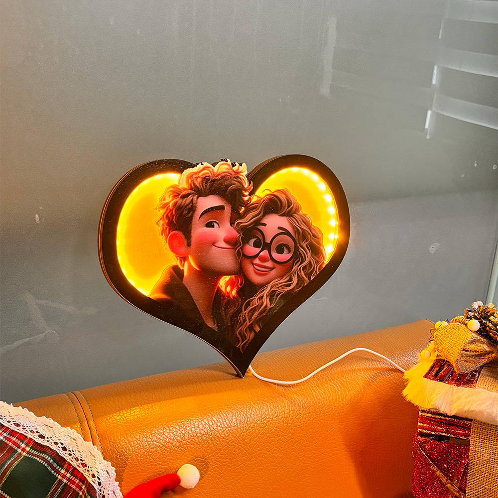 Valentine's Day Gifts Personalized Heart Photo Cartoon Portrait Frame with LED - MyPhotoBoxerUk