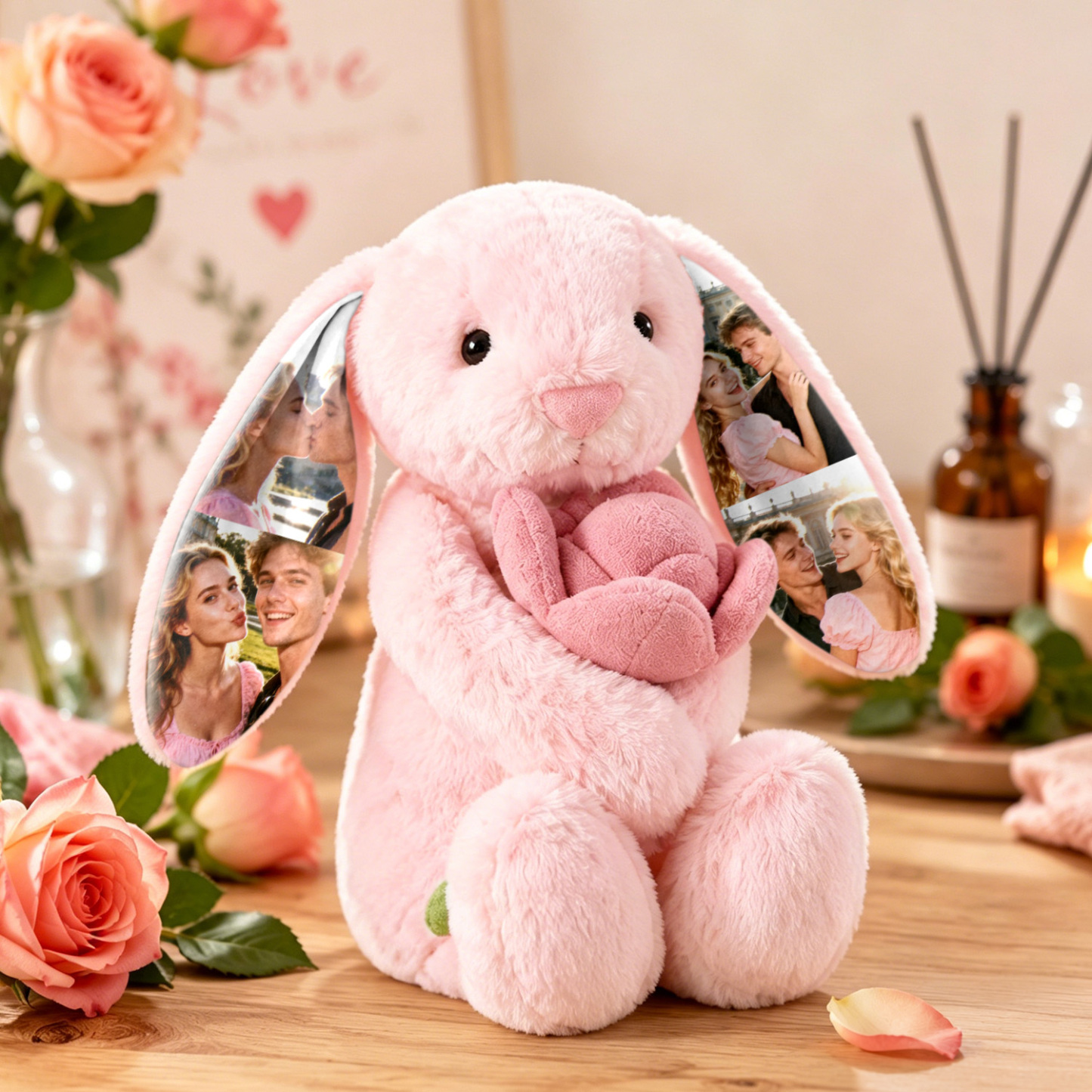 Custom Photo Carrot Bunny Plush Personalized Hidden Ear Picture Bunny Gift for Couples Anniversary Gifts - MyPhotoBoxerUk