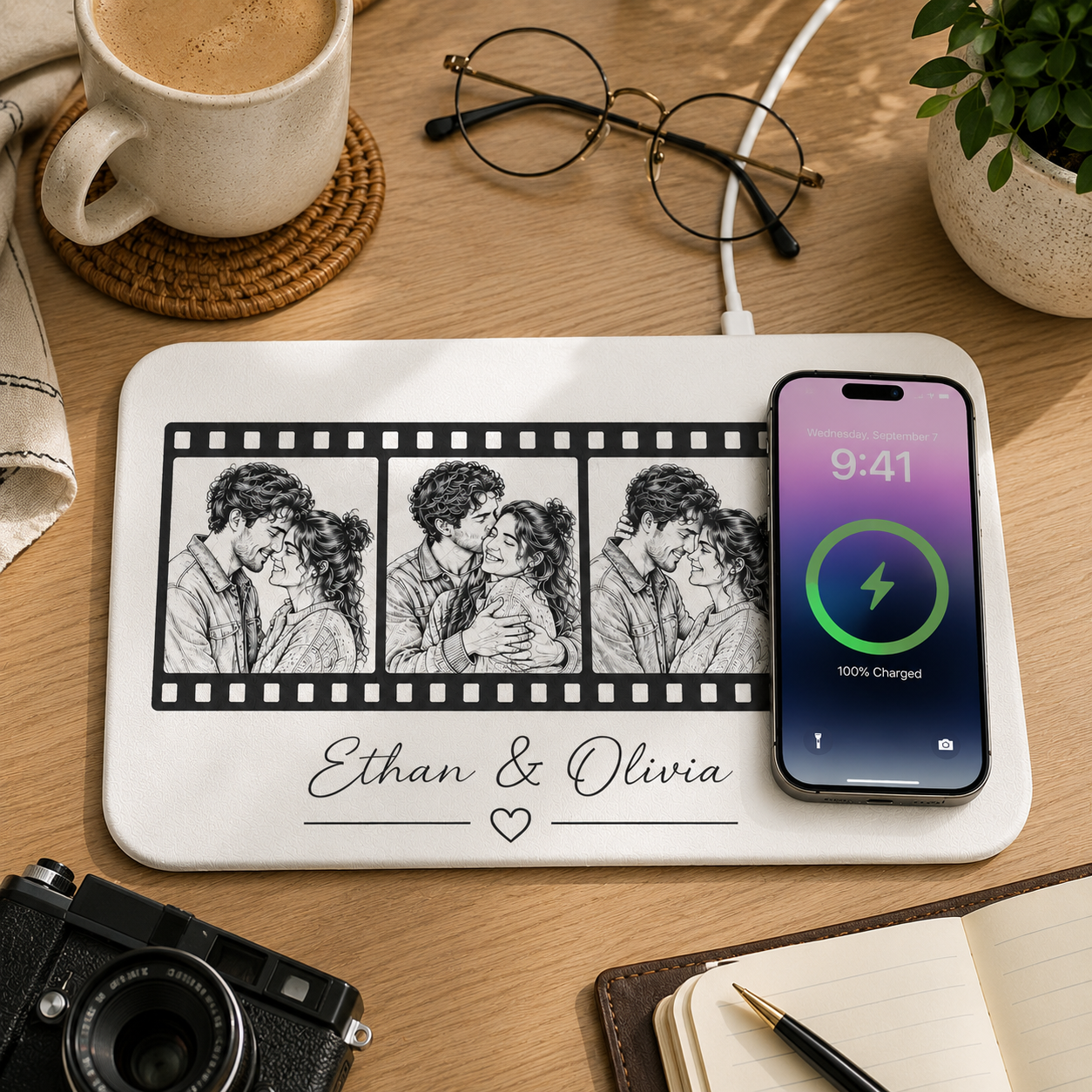 Personalized Film Strip Wireless Charging Pad with Photo, Custom Couple Photo Charger, Anniversary Gift for Couples, Romantic Personalized Wireless Charger - MyPhotoBoxerUk