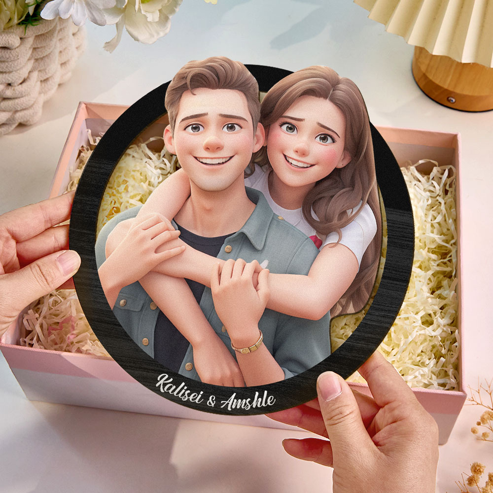 Couple Gifts for Valentine Custom Photo 3D Cartoon Portrait Gift Photo Frame, Cartoon Style 3D Photo Wooden Frame Sign, Wedding Anniversary Gift - MyPhotoBoxerUk