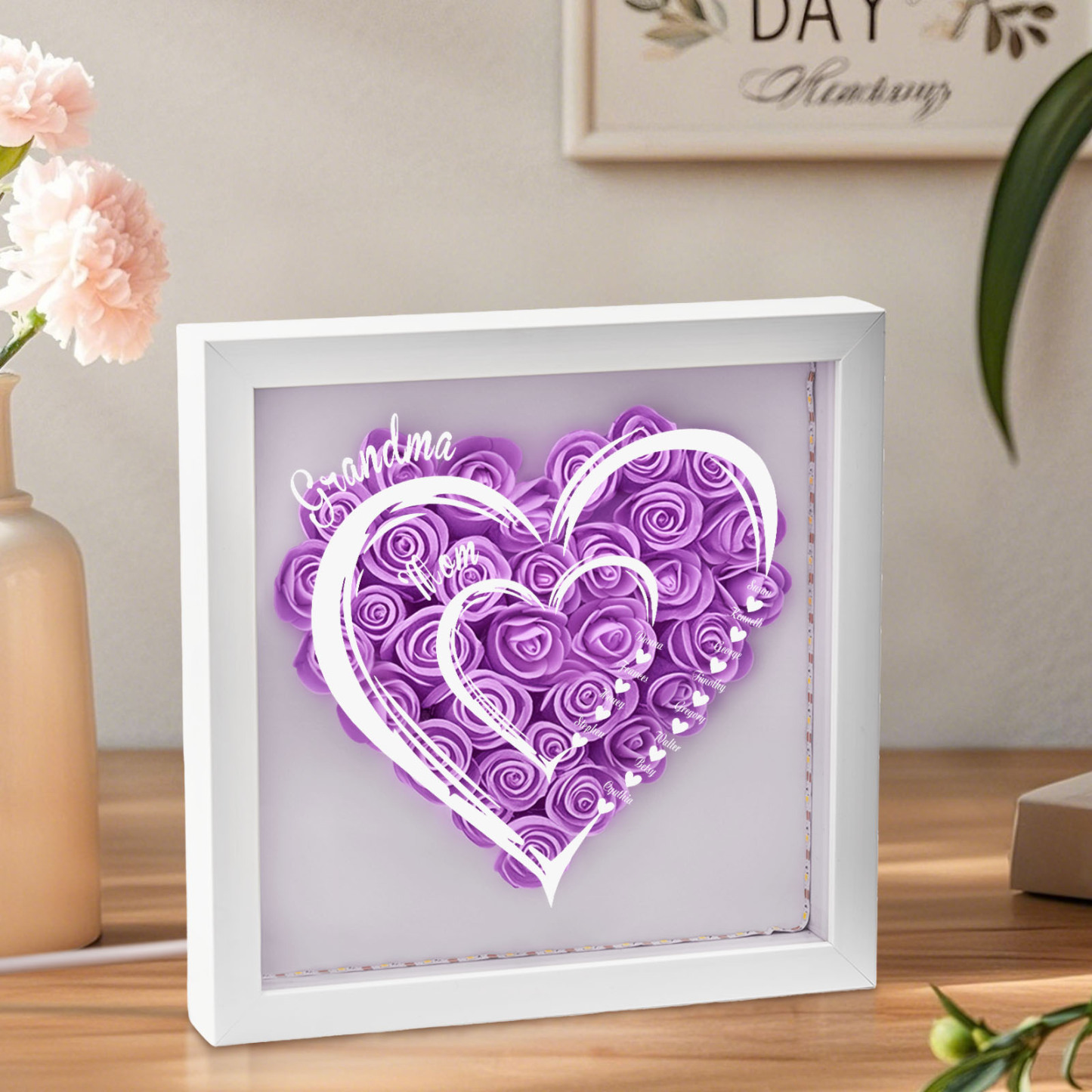 Mom Grandma Hearts Custom Kids' Names - Personalized Flower Shadow Box With LED Light