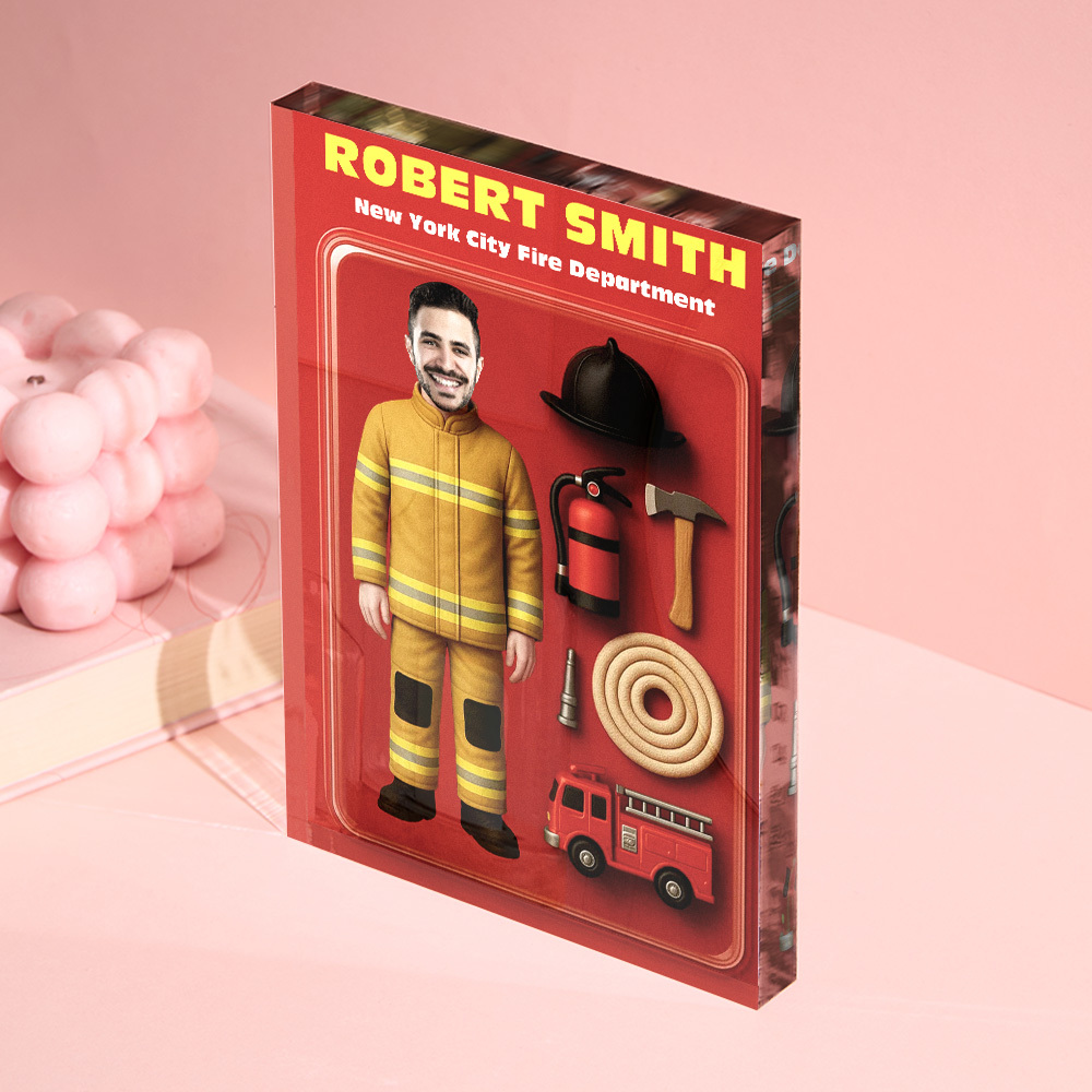 Personalized 3D Effect Firefighter Action Figure Customizable Head Packaging Custom Acrylic Block Plaque Gift For Firefighters - MyPhotoBoxerUk