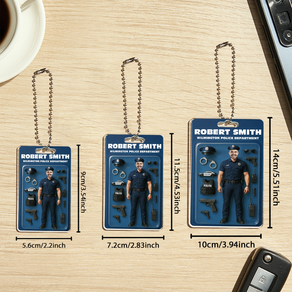 Custom 3D Effect Action Figure Customizable Head Packaging Toy Box Style Art Gift Personalized Acrylic Car Hanger Gift for Police Officers - MyPhotoBoxerUk