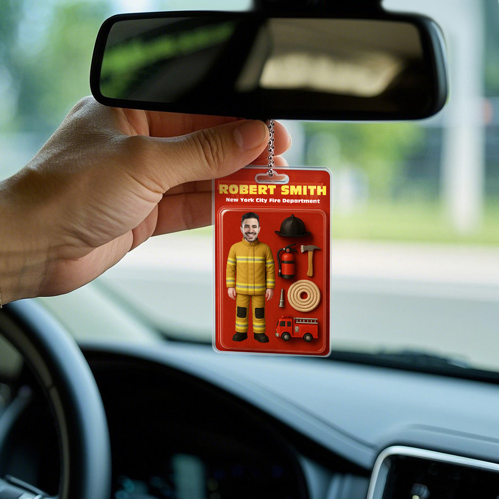 Custom 3D Effect Action Figure Customizable Head Packaging Toy Box Style Art Gift Personalized Acrylic Car Hanger Gift for Firefighter - MyPhotoBoxerUk