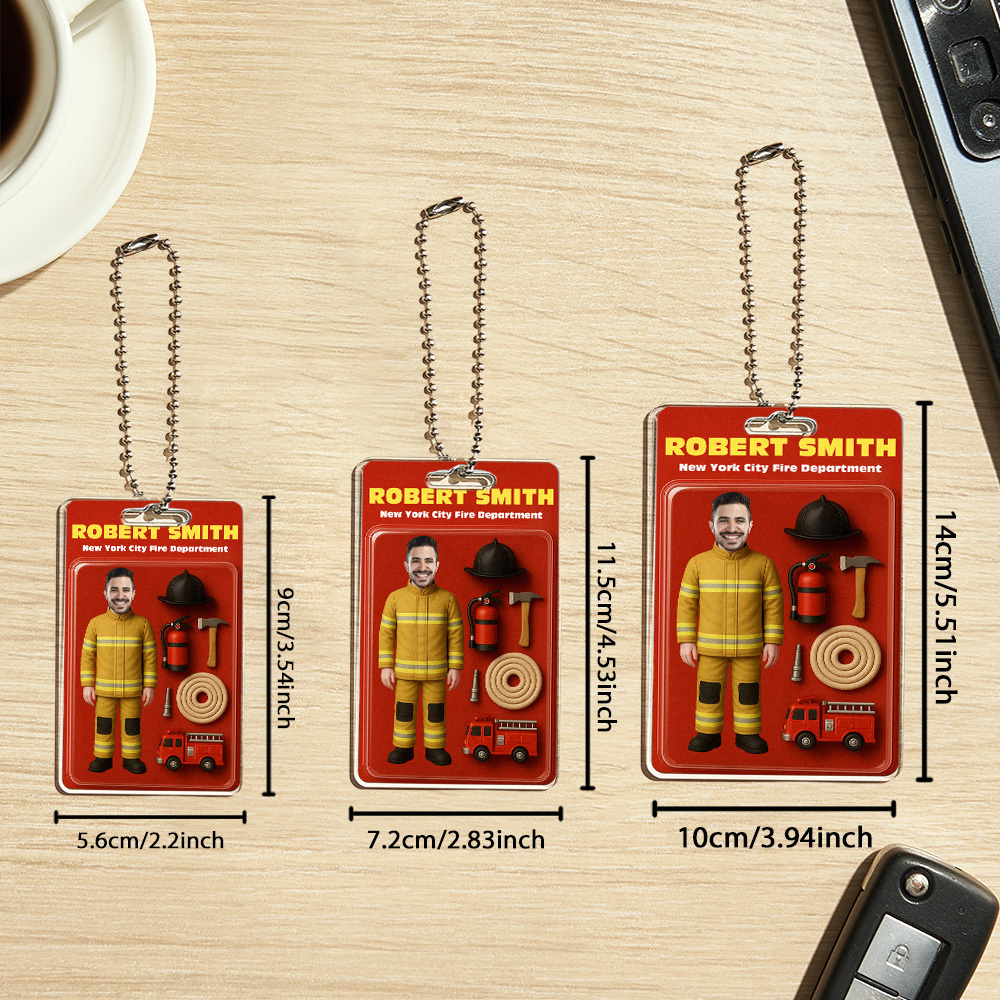 Custom 3D Effect Action Figure Customizable Head Packaging Toy Box Style Art Gift Personalized Acrylic Car Hanger Gift for Firefighter - MyPhotoBoxerUk