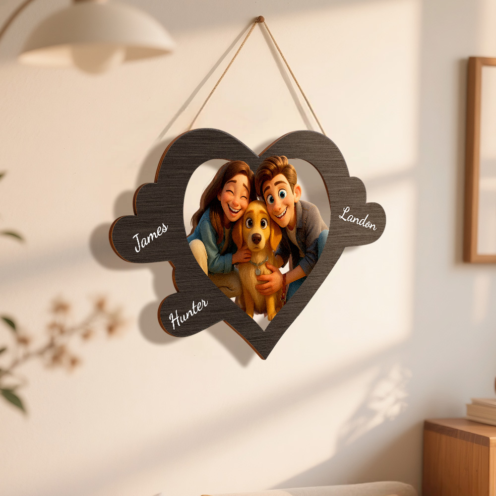 Personalized Pixar Cartoon-Style Wooden Family Name Heart-Shaped Photo Frame Best Anniversary Birthday Family Holiday Gift - MyPhotoBoxerUk