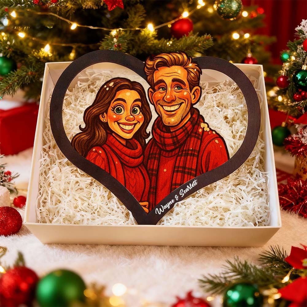 Personalized Heart-Shaped Cartoon Couple Frame｜Your Photo Transformed into Custom Illustration｜Add Names & Special Dates｜Romantic Gift for Couples