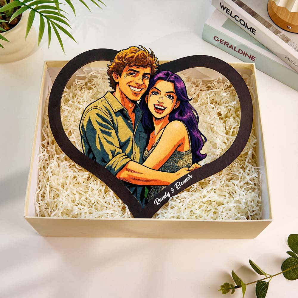 Personalized Heart-Shaped Cartoon Couple Frame｜Your Photo Transformed into Custom Illustration｜Add Names & Special Dates｜Romantic Gift for Couples