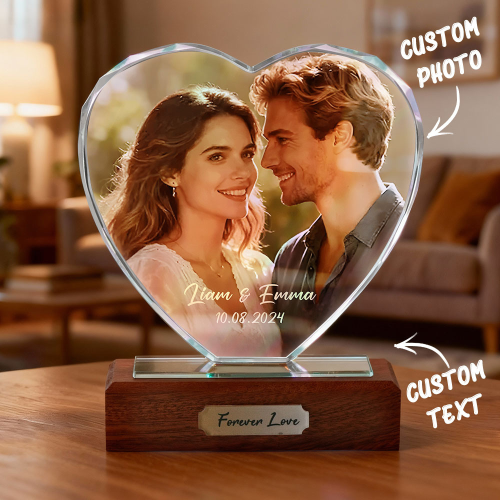 Custom Heart Crystal Photo Plaque, Personalized Picture & Engraving, Christmas Romantic Gift for Couples