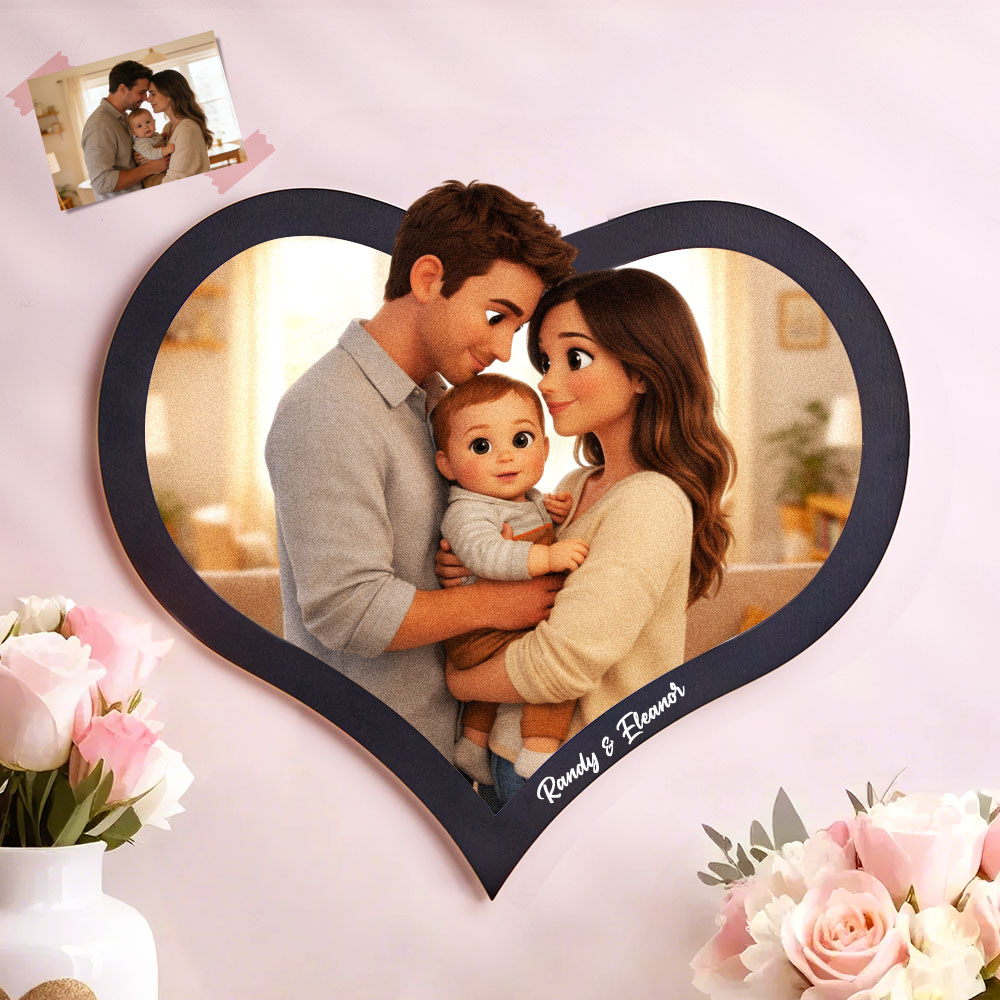 Personalized Heart Photo Frame, Custom Cartoon Couple Portrait Best Gift for Family