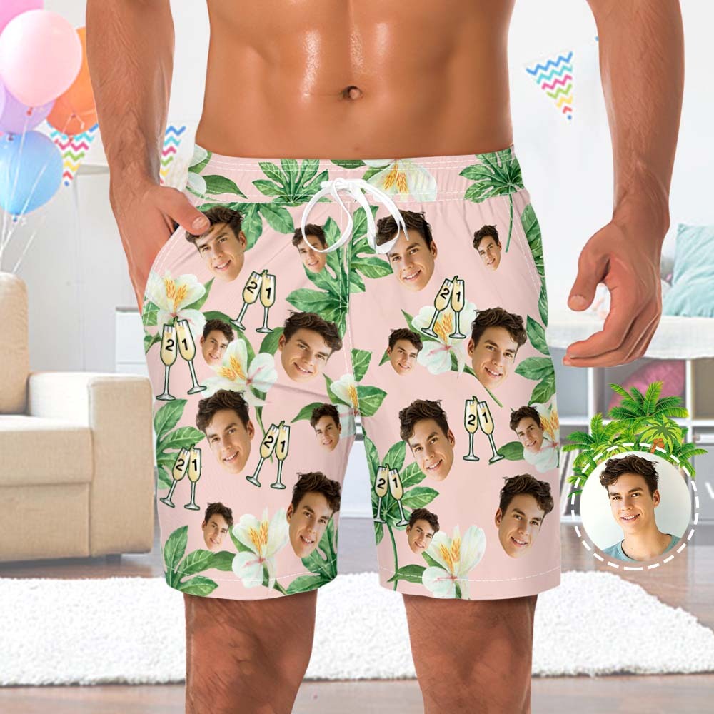 Custom Face Beach Shorts Number in Wine Glass Pink And Green Sleeves Face Beach Trunks Gift for Him - MyPhotoBoxerUk