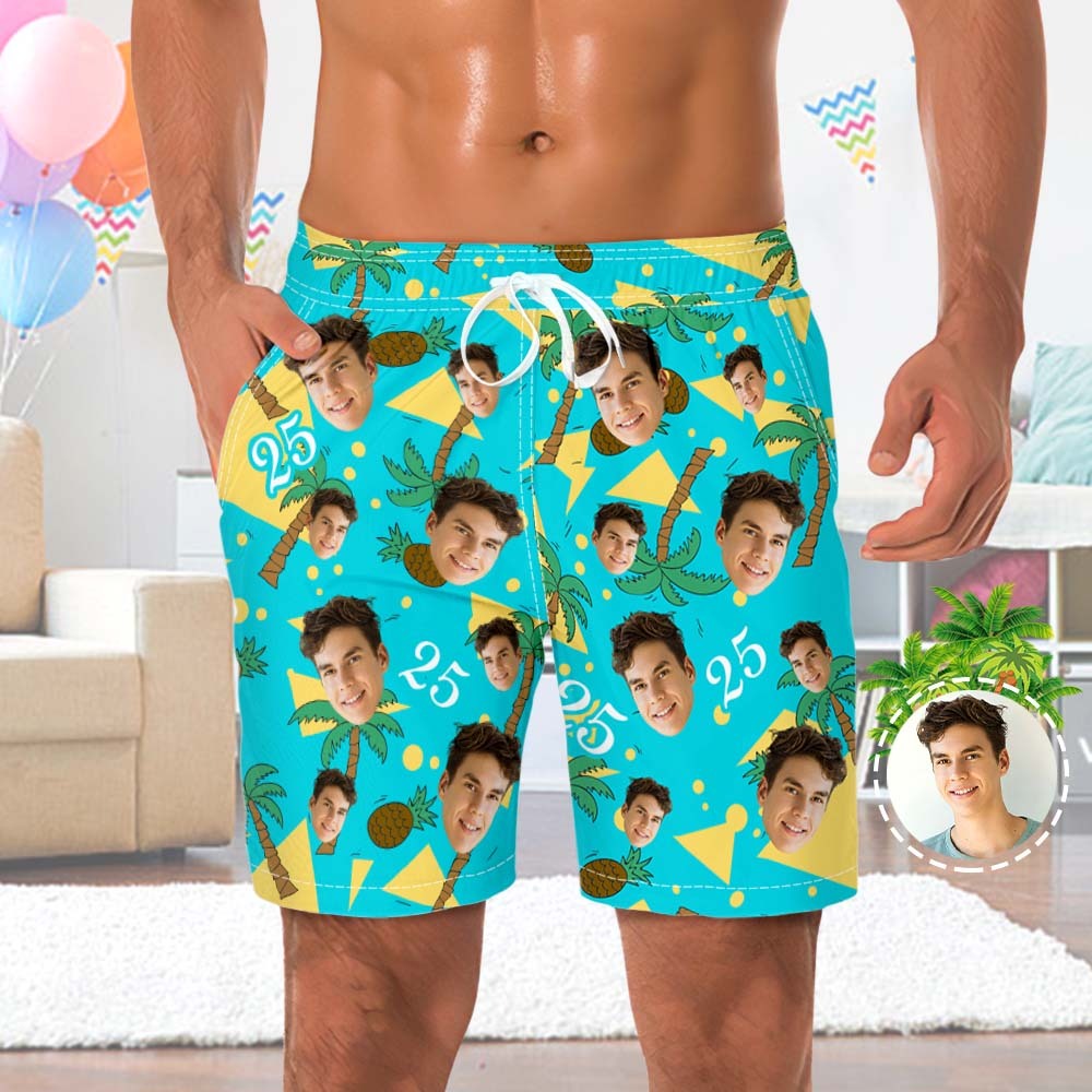 Custom Face And Number Beach Shorts Coconut And Pineapple Multicolor Beach Shorts - MyPhotoBoxerUk