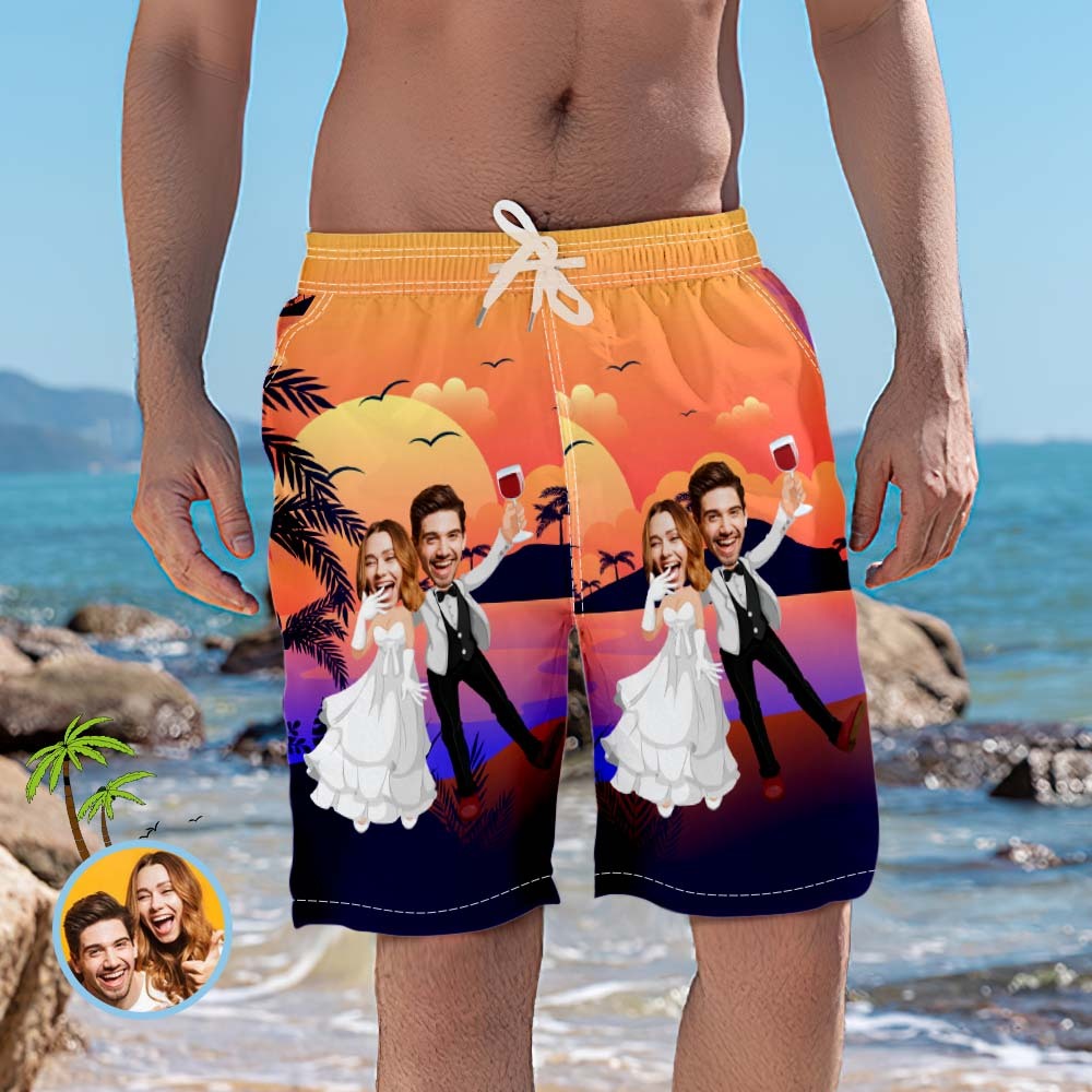 Custom Photo Beach Shorts Personalised Sunset and Coconut Grove Wedding Swim Trunks