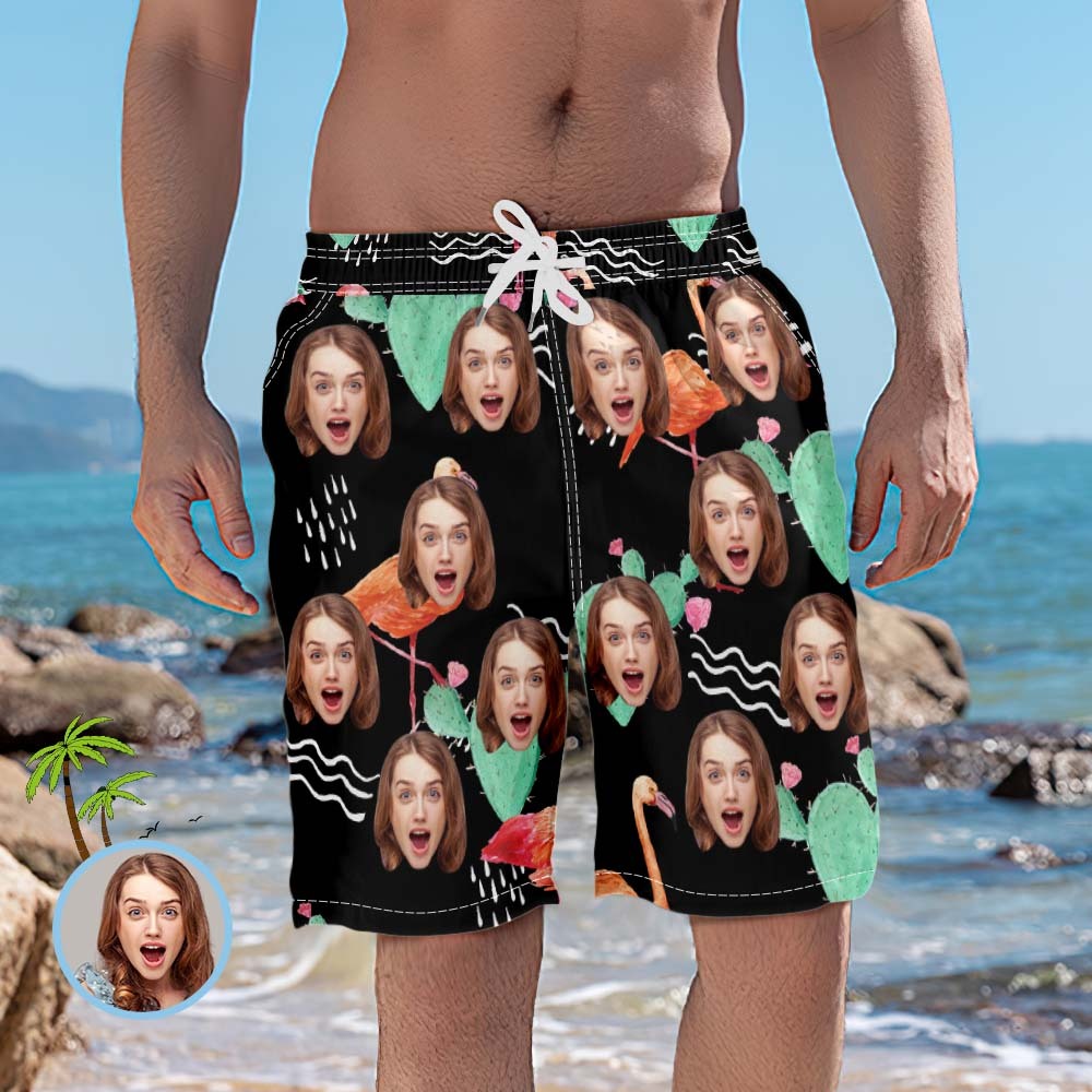 Personalised Beach Shorts for Men with Flamingos and Cacti Custom Face Swim Trunks - MyFaceBoxer