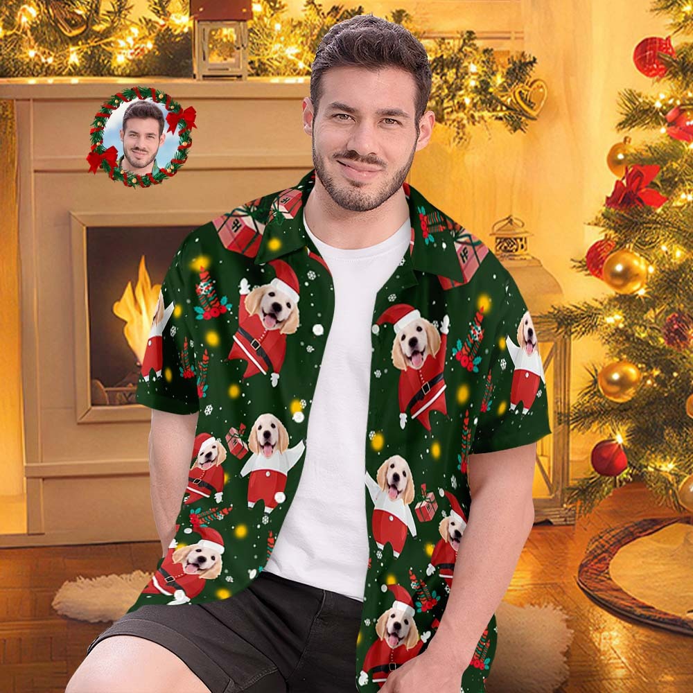 Custom Face All Over Print Men's Hawaiian Shirt The Pug Santa Custom H