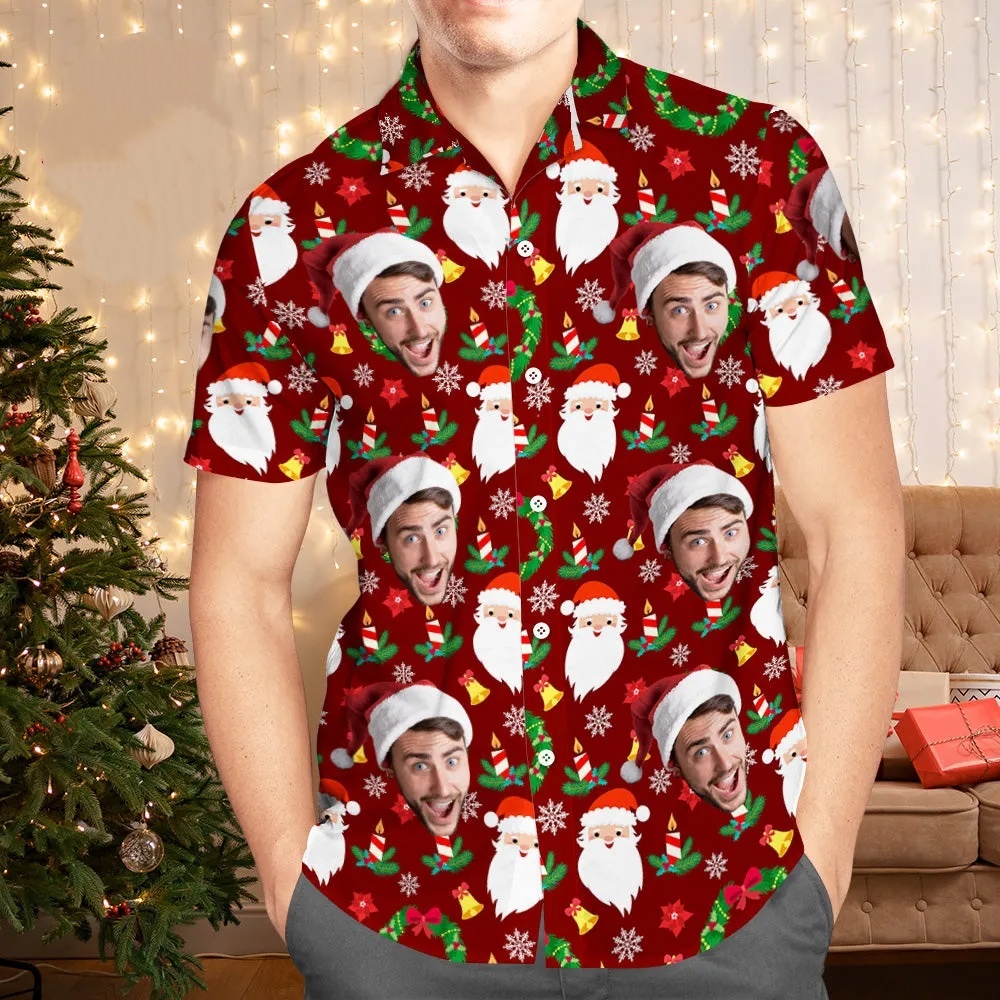 Custom Face Hawaiian Shirts Personalised Photo Gift Men's Christmas Shirts Merry Christmas Gift