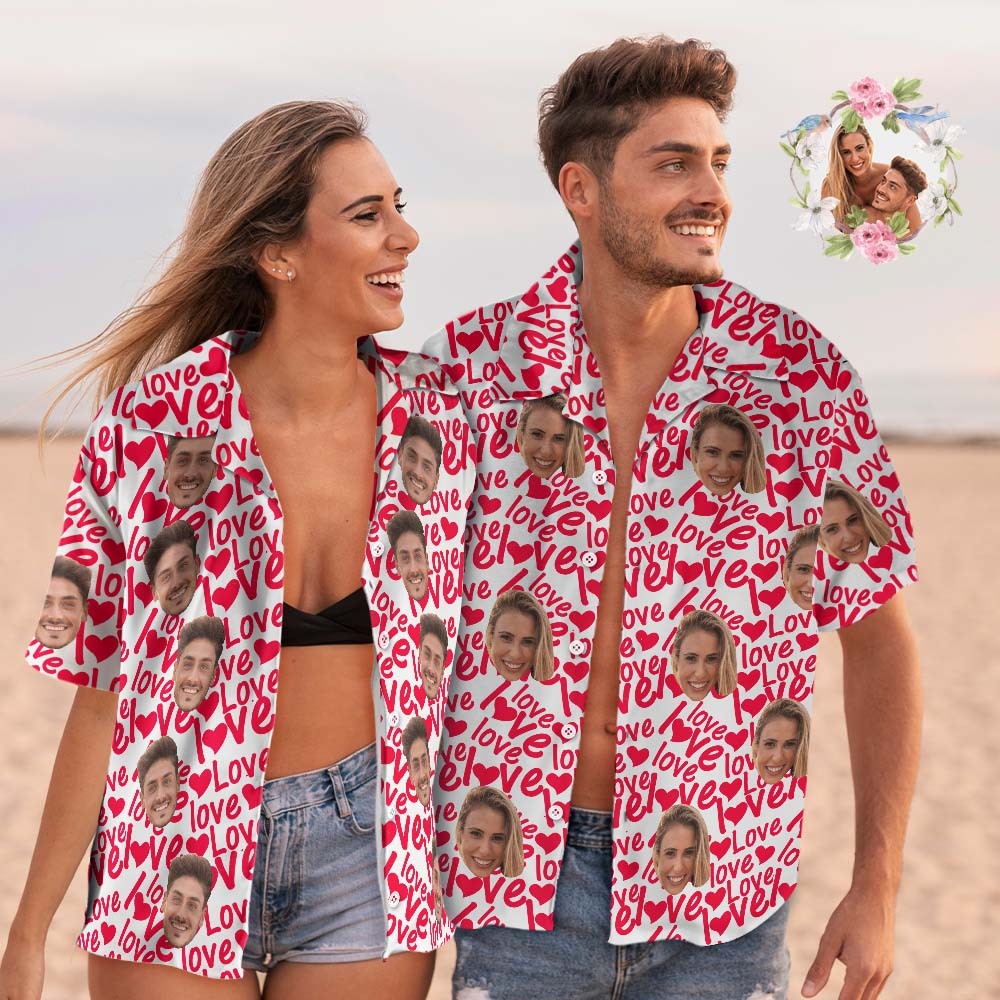 Custom Face Hawaiian Shirt Shirt Couple Outfit ALL Over Printed Love Shirt Valentine's Day Gifts - MyPhotoBoxerUk