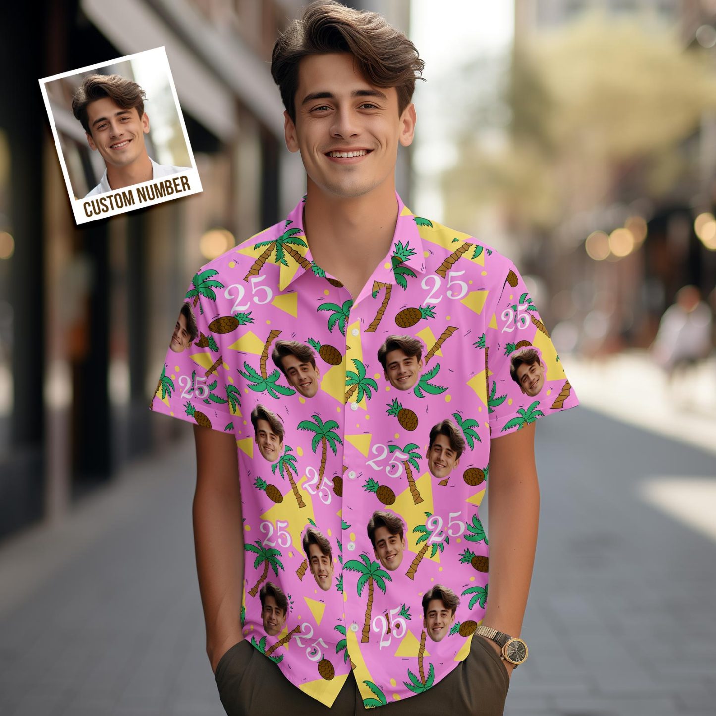 Custom Multi-color Face and Numbers Hawaiian Shirt Coconut Tree and Pineapple Gift for Men - MyPhotoBoxerUk