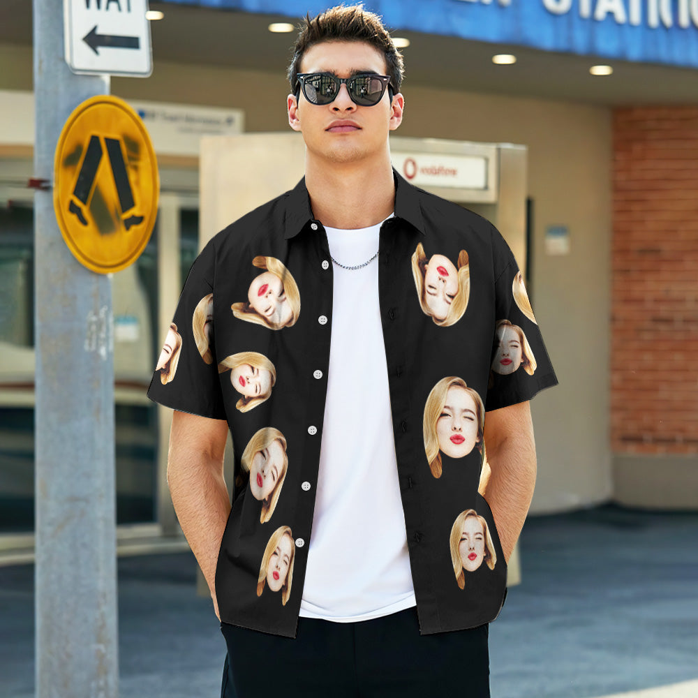Custom Face Hawaiian Shirts Personalized Photos Funny Men's Shirt Gift Black - MyPhotoBoxerUk